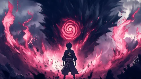 Backlit warrior confronts spiral vortex within crimson energy storm