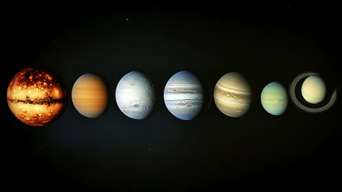 Digital lineup of stylized planets on deep space background.