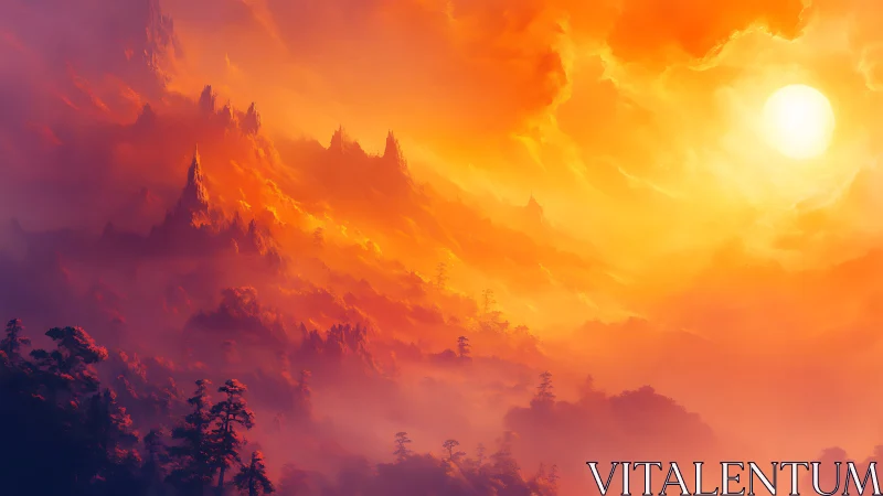 Ember-drowned mountain spires under a blazing mythic sun.