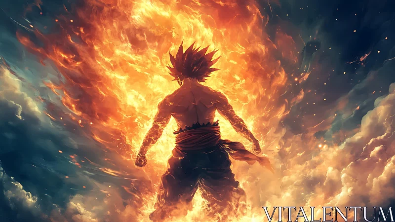 Silhouetted fighter in central fiery energy field composition.