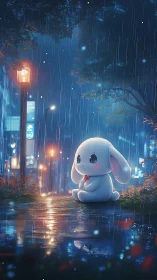 Soft bunny waits under rainy city lights in gentle wonder