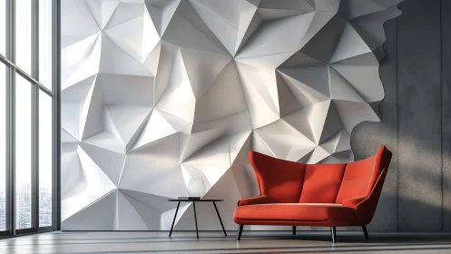Red Sofa Against Abstract Geometric Wall in Modern Interior
