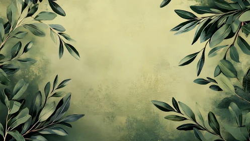 Botanical frame with stylized eucalyptus foliage on patina field.