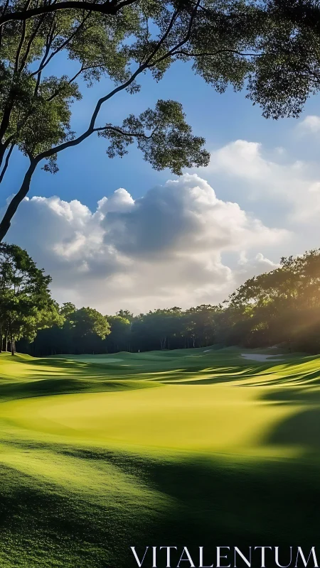 Light and shadow define a maintained golf fairway landscape