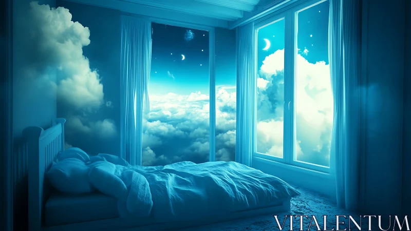 Bedroom interior with cloudscape night sky backdrop.