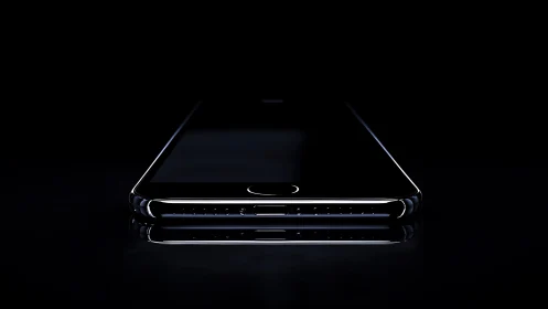 Low-key smartphone product shot with reflective symmetry emphasis.
