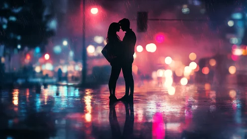 Lovers Kiss in Rain Under Neon City Lights