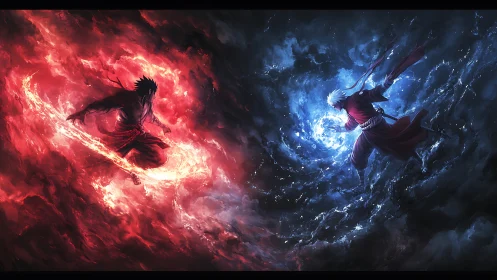 Fiery warrior meets icy mage in swirling cosmic clash.