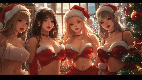 Four anime girls share a warm, glowing Christmas moment