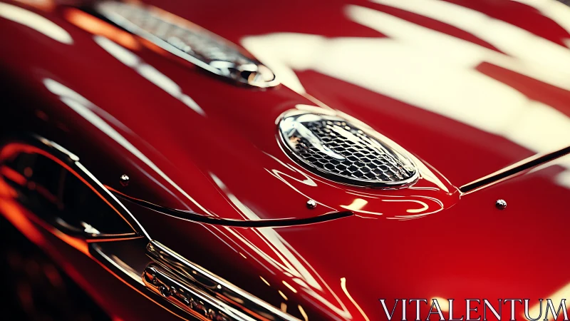 Photorealistic macro of classic red sports car hood detailing.