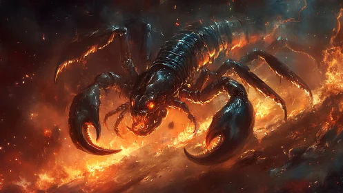 Infernal armored scorpion lunging through volcanic firestorm.