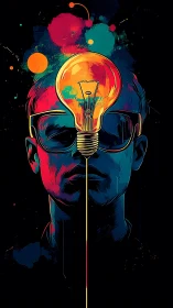 Bold portrait with glowing lightbulb and abstract colors.