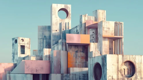 Geometric brutalist structure with weathered surfaces under clear sky.