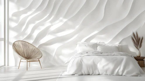 Minimalist white bedroom with sculpted wave accent wall.