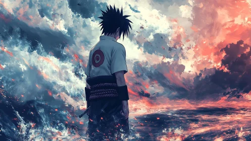 Stormlit anime warrior walking through burning tidal dusk.