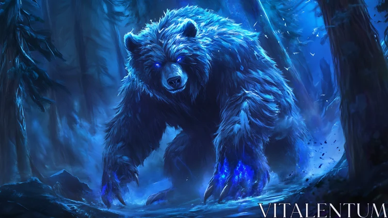 Glowing blue spectral bear stalking through dark forest.