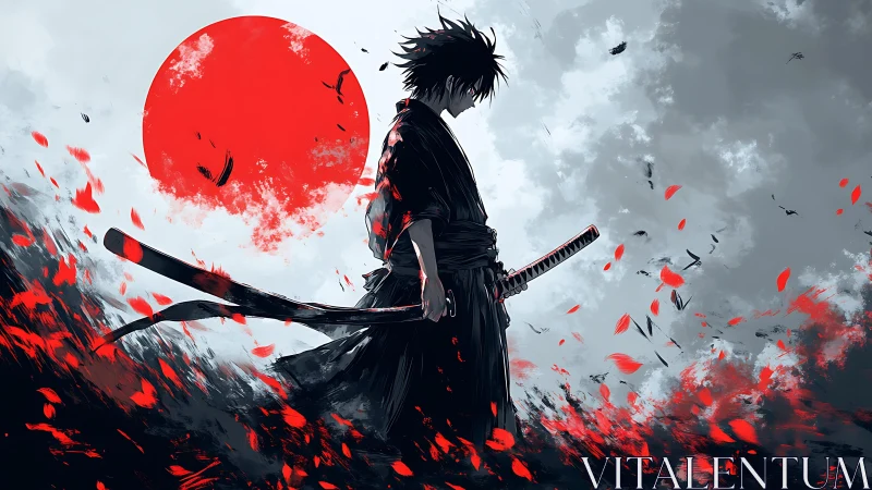 Solitary samurai carves silence beneath a bleeding sun