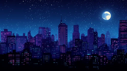 Neon lit city skyline under starry blue night sky.
