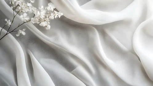 White Silk Fabric with Delicate Flowers.