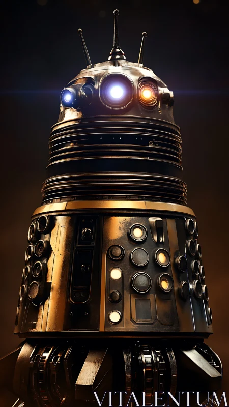 Retro bronze robot glowing warmly in soft studio light.