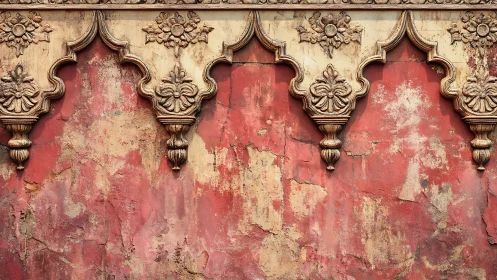 Ornate carved cornice over distressed red stucco wall.