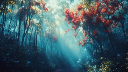 Luminescent Forest Pathway with Crimson Canopy in Mist.