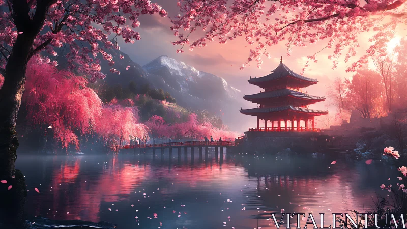 Digital painting of lakeside pagoda in luminous cherry blossom dusk.