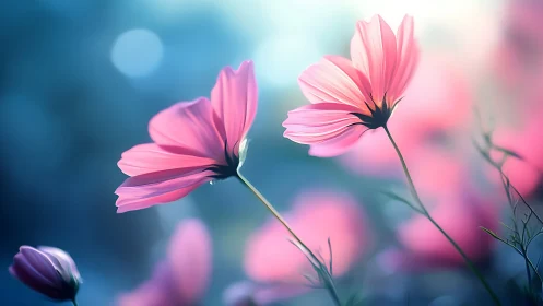 Cosmos Blooms Dancing Through Dreamy Turquoise Mist