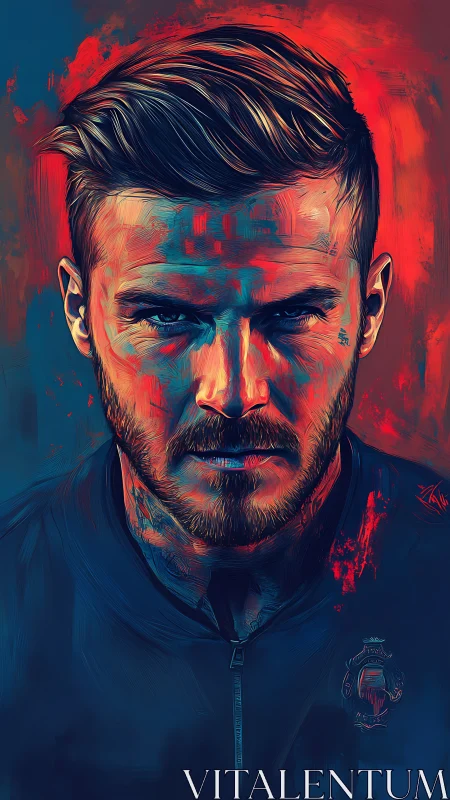 Intense male portrait rendered in neon duotone digital strokes