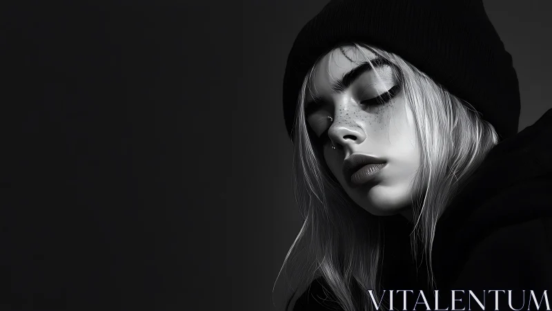 Monochrome close portrait of hooded young person in beanie.