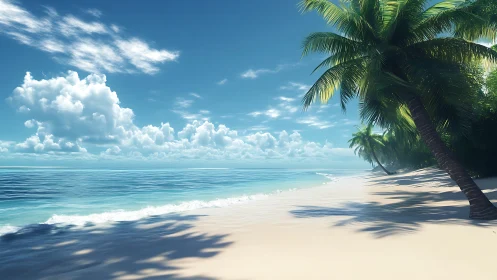 Tropical coastal scene with sand beach, palm tree and ocean