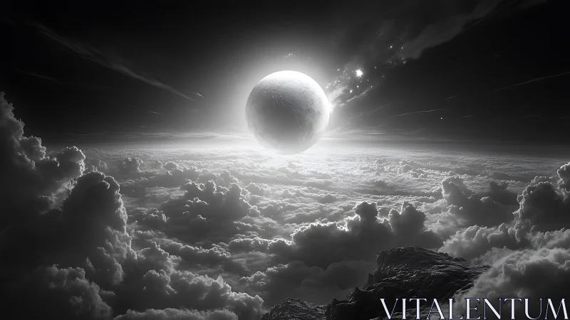 Monochrome lunar horizon above illuminated storm cloud sea.