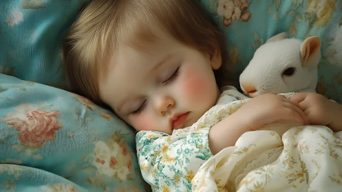 Sleeping child cuddles white bunny on floral bedding.