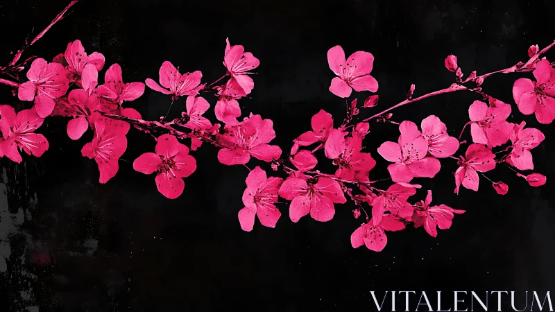 Neon Pink Cherry Blossoms Branch Against Black