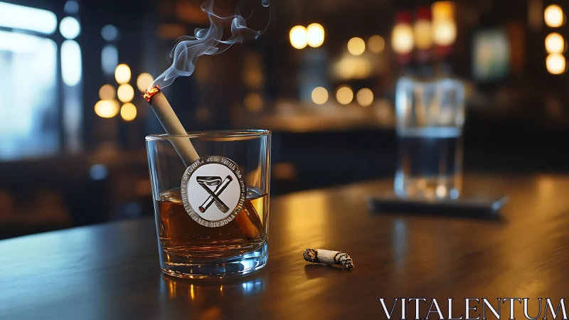 Lowball whiskey glass with burning cigarette and bar bokeh