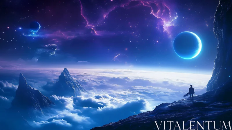 Solitary observer on cloud ocean ridge beneath binary planets