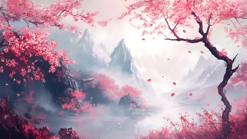 Cherry blossom valley frames ethereal snowcapped mountains.