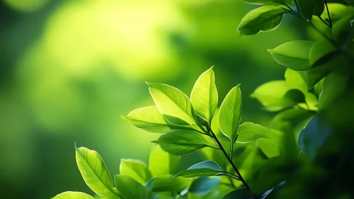 Sunlit green leaves in soft focus, nature macro photography style.