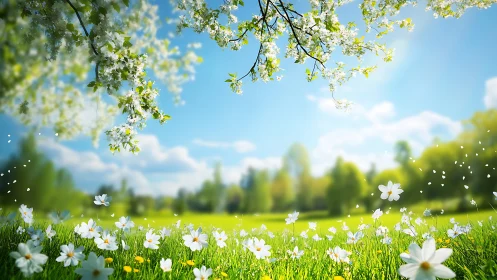 Blossoming tree branches over grassy meadow with flowers.