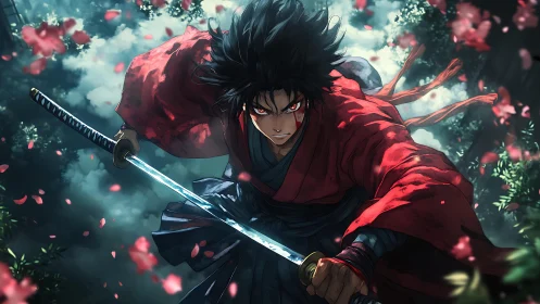 Bloodstreaked samurai lunging forward with katana amid petals