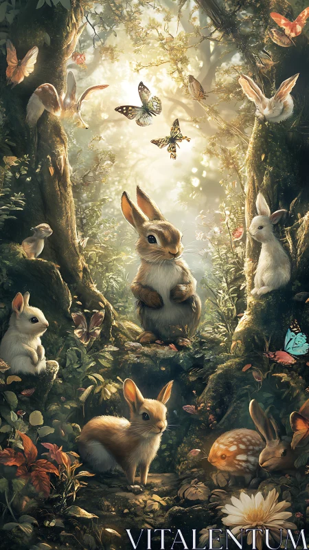 Enchanted forest clearing shows luminous rabbits in soft backlight