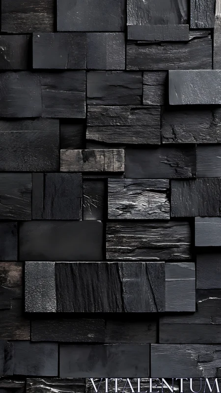 Charcoal black wooden block wall with staggered texture.
