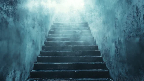 Misty concrete staircase ascending into ethereal light.