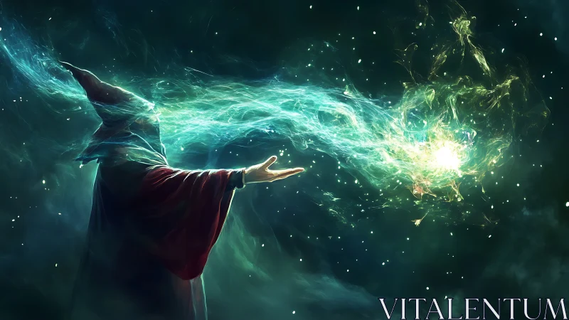 Wizard casts bright swirling energy spell in deep space