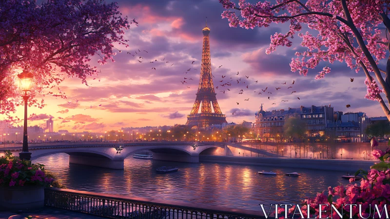 Blossomed twilight over Paris bridges and a glowing tower.