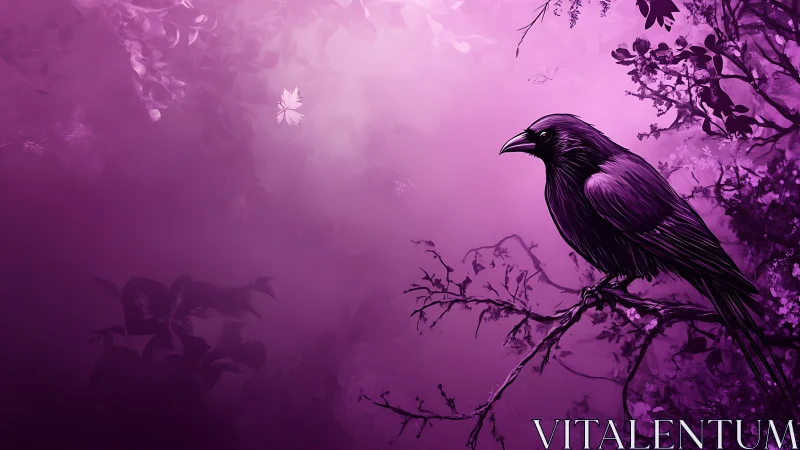 High‑contrast violet raven illustration with atmospheric depth gradients