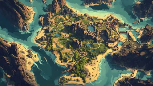 Fantasy archipelago map with stylized terrain and settlements.