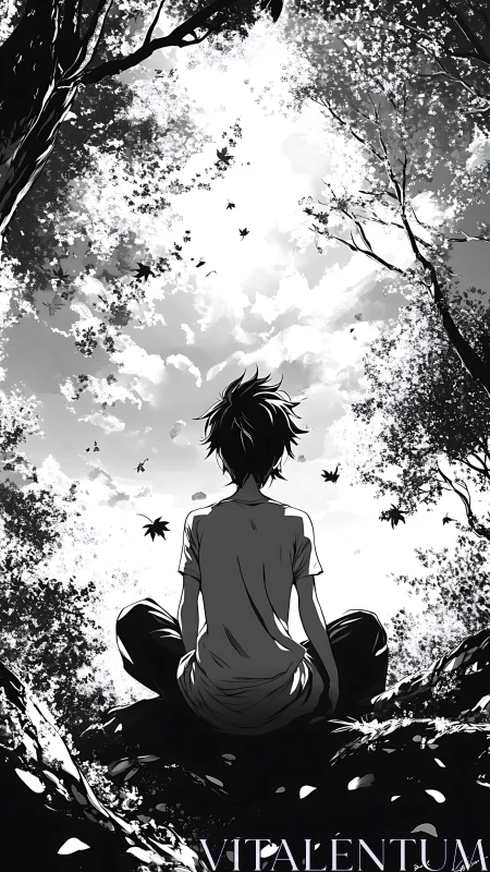 Solitary dreamer listens to leaves whisper against the sky