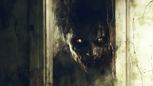 Decayed humanoid face with glowing eyes in narrow doorway.