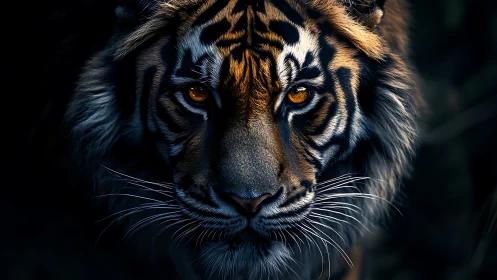 Tiger face fills frame under low light with intense gaze